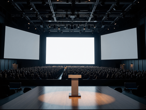 大型会议现场，数百人聚集在现代化会议厅，台上演讲者正在发言，观众认真聆听