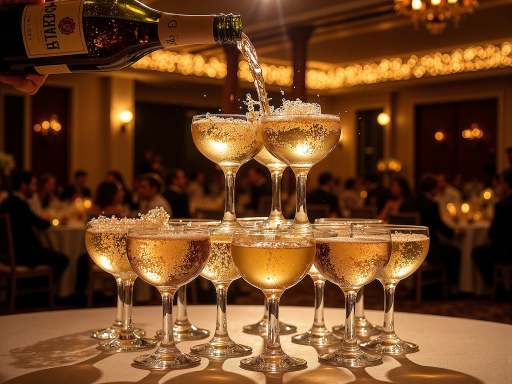 商务社交场合，多位商务人士举杯庆祝，背景为高端酒店宴会厅，灯光温馨