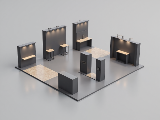 展台展示区域，工作人员向参观者介绍产品，展台设计现代简约