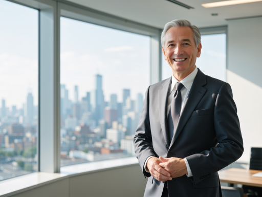 五十岁左右男性，西装革履，佩戴眼镜，面带微笑，背景为商务办公环境